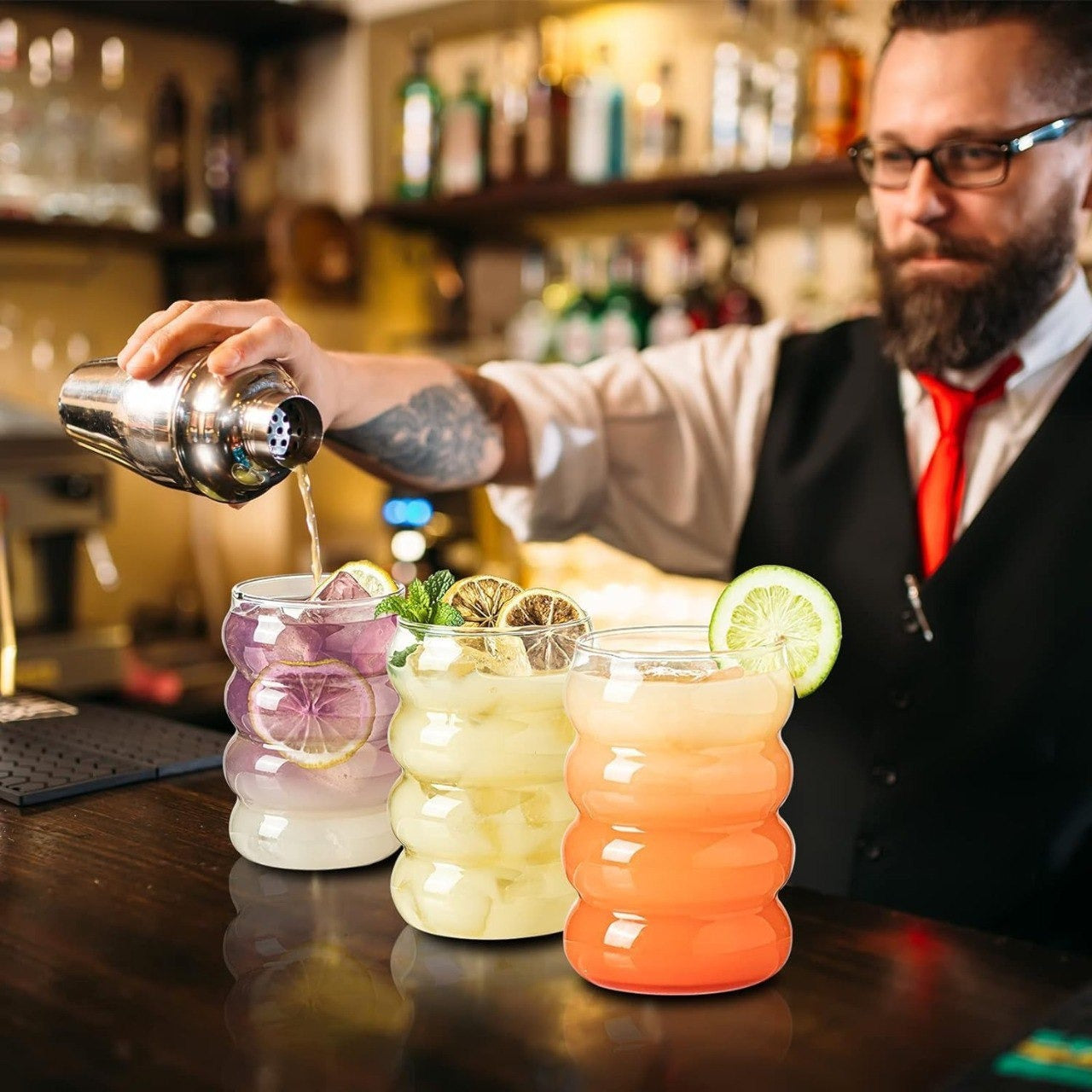 Wave Drinking Glasses Tumbler with Bamboo Lid & Glass Straw TR203