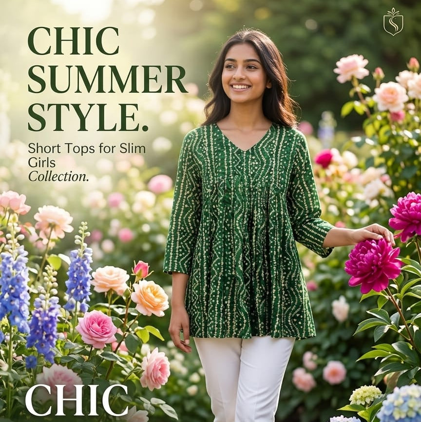 Women's Emerald Green Bandhani-Inspired Pleated Tunic Top HP02