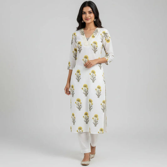 Women's Botanical Block-Print Straight Kurta & Pants Set HP22