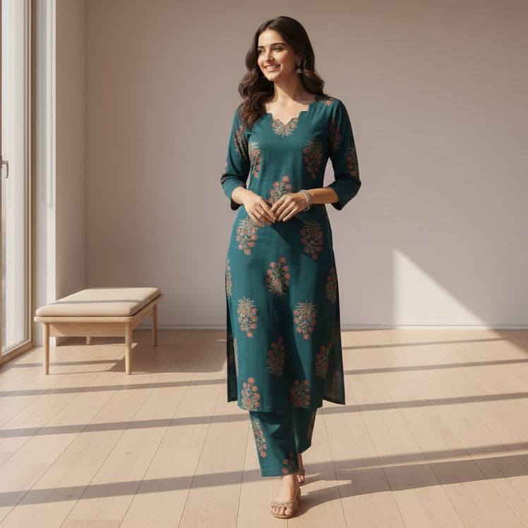 Women's Scalloped-Neck Teal Floral Block Print Co-Ord Set HP02