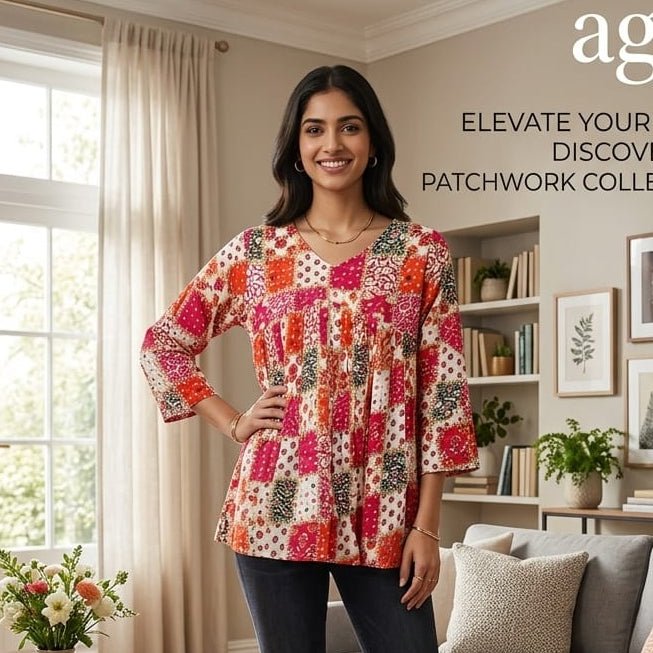 Women's Vibrant Multi-Color Patchwork Pleated Tunic Top HP69