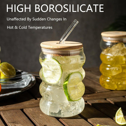 Wave Drinking Glasses Tumbler with Bamboo Lid & Glass Straw TR203
