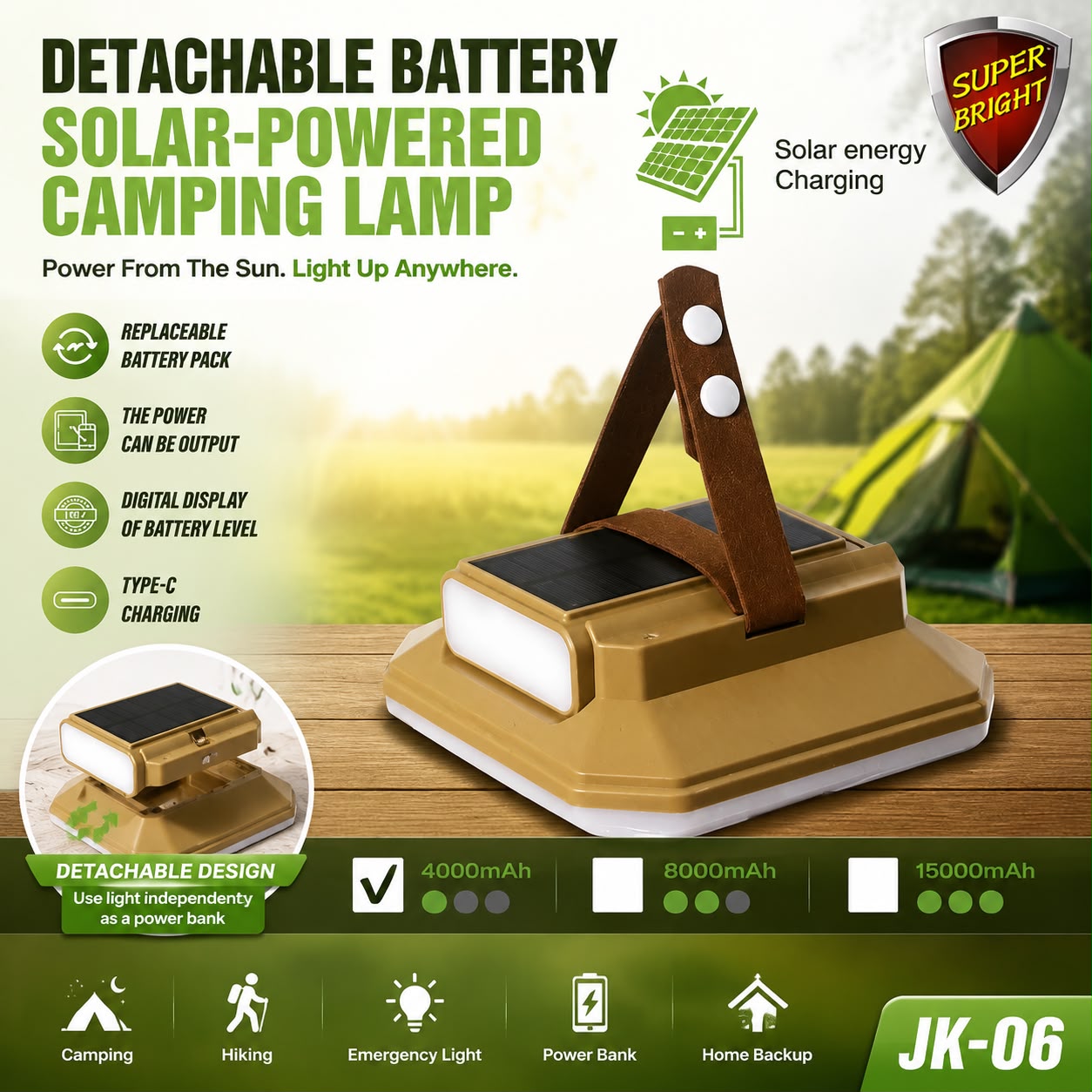 Solar Powered Camping Lamp with Detachable 4000mAh Power Bank JK-06