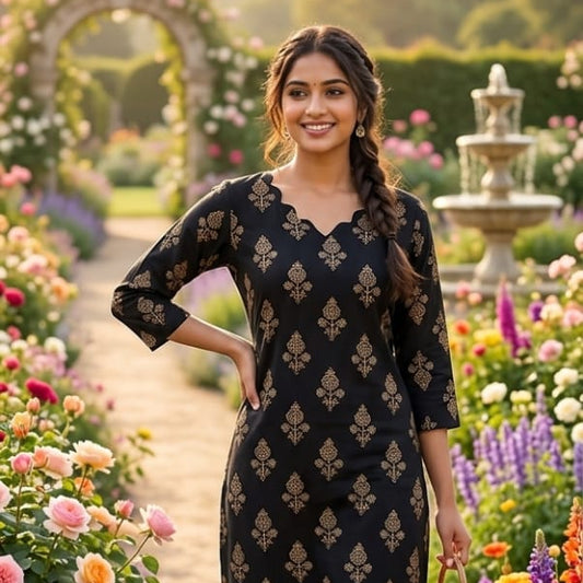 Women's Scallop-Neck Black & Gold Motif Printed Co-Ord Set HP09