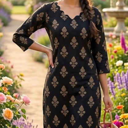 Women's Scallop-Neck Black & Gold Motif Printed Co-Ord Set HP09