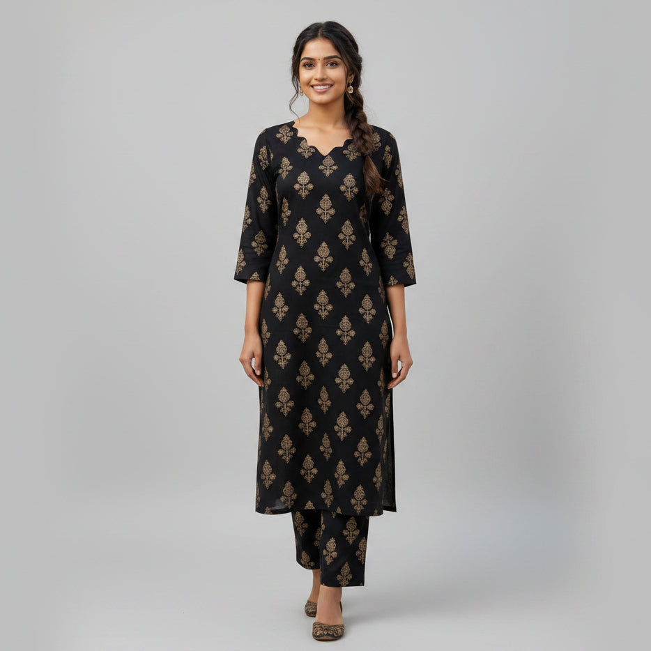Women's Scallop-Neck Black & Gold Motif Printed Co-Ord Set HP09