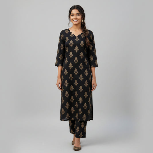 Women's Scallop-Neck Black & Gold Motif Printed Co-Ord Set HP09