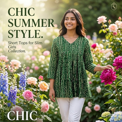 Women's Emerald Green Bandhani-Inspired Pleated Tunic Top HP02
