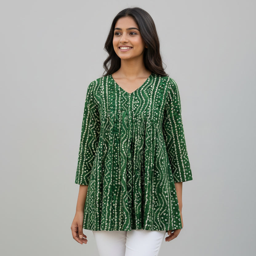 Women's Emerald Green Bandhani-Inspired Pleated Tunic Top HP02