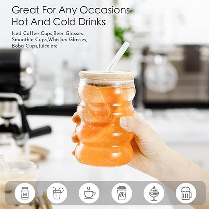 Wave Drinking Glasses Tumbler with Bamboo Lid & Glass Straw TR203