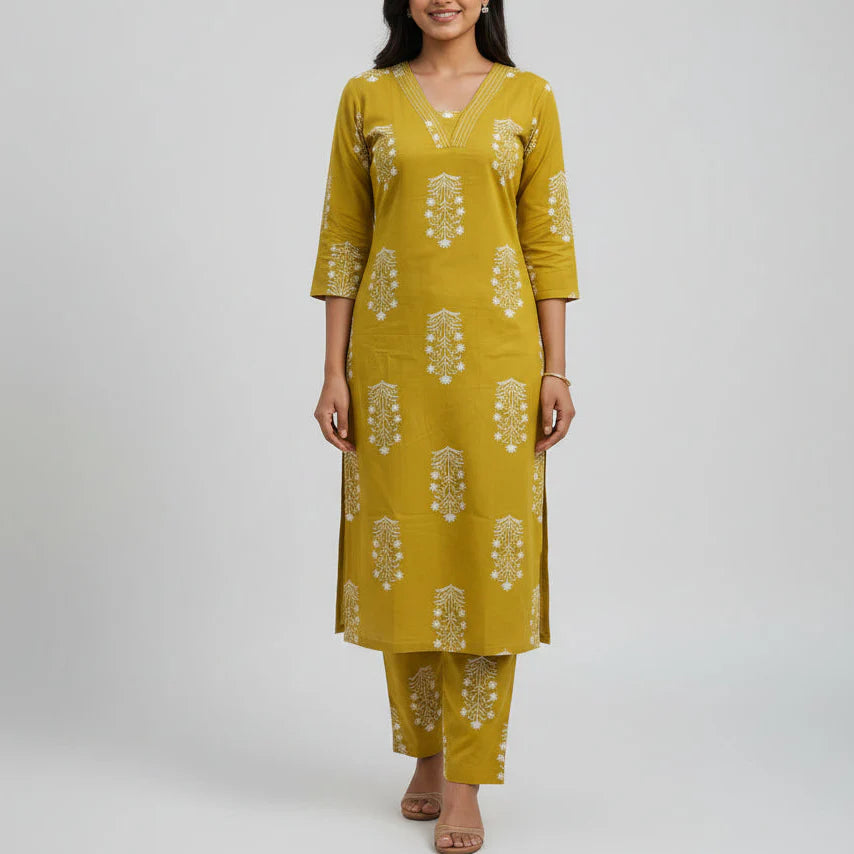Women's Two-Piece Block Print Straight Kurta and Pant Co-Ord Set HP09