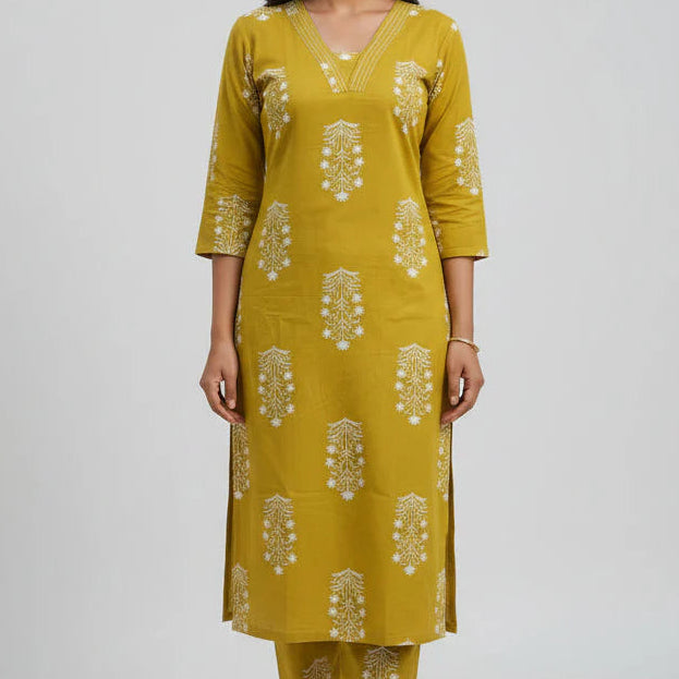 Women's Two-Piece Block Print Straight Kurta and Pant Co-Ord Set HP09