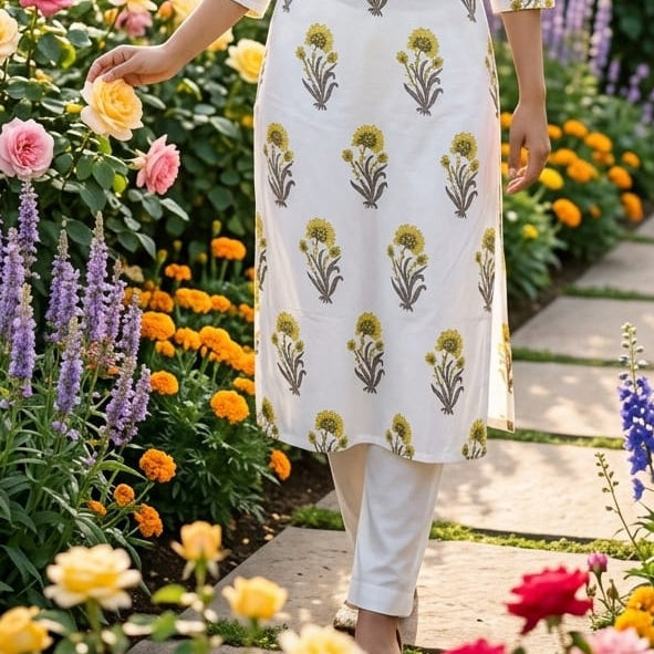 Women's Botanical Block-Print Straight Kurta & Pants Set HP22