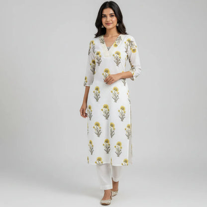 Women's Botanical Block-Print Straight Kurta & Pants Set HP22