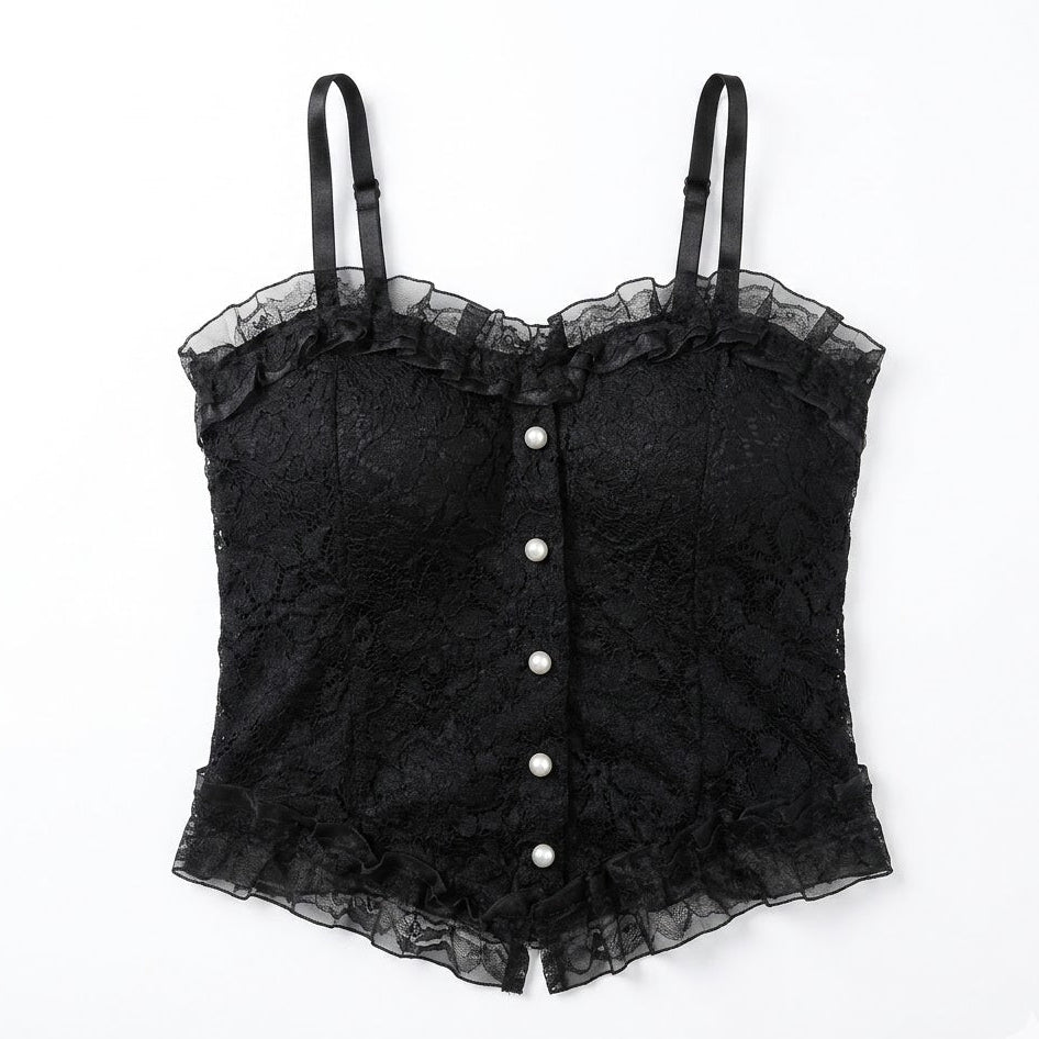 Chic Black Lace Corset-Style Crop Top with Pearl Buttons B4412