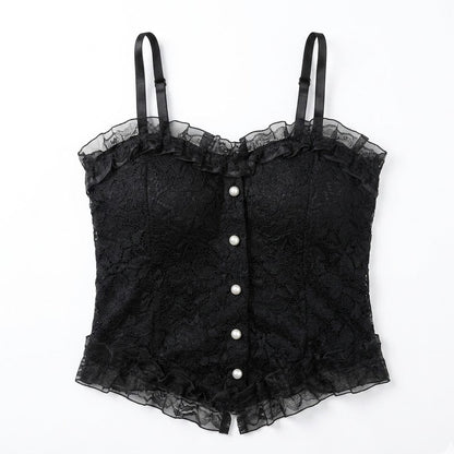 Chic Black Lace Corset-Style Crop Top with Pearl Buttons B4412