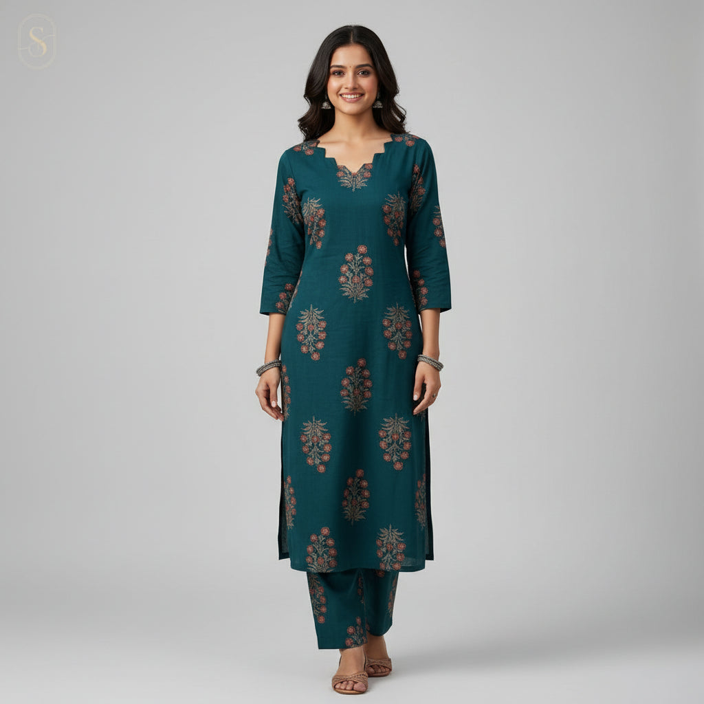 Women's Scalloped-Neck Teal Floral Block Print Co-Ord Set HP02