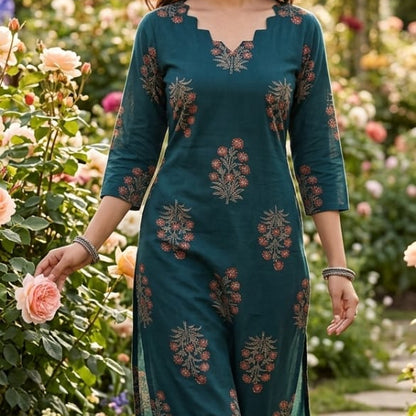 Women's Scalloped-Neck Teal Floral Block Print Co-Ord Set HP02