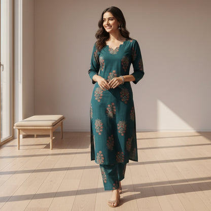 Women's Scalloped-Neck Teal Floral Block Print Co-Ord Set HP02