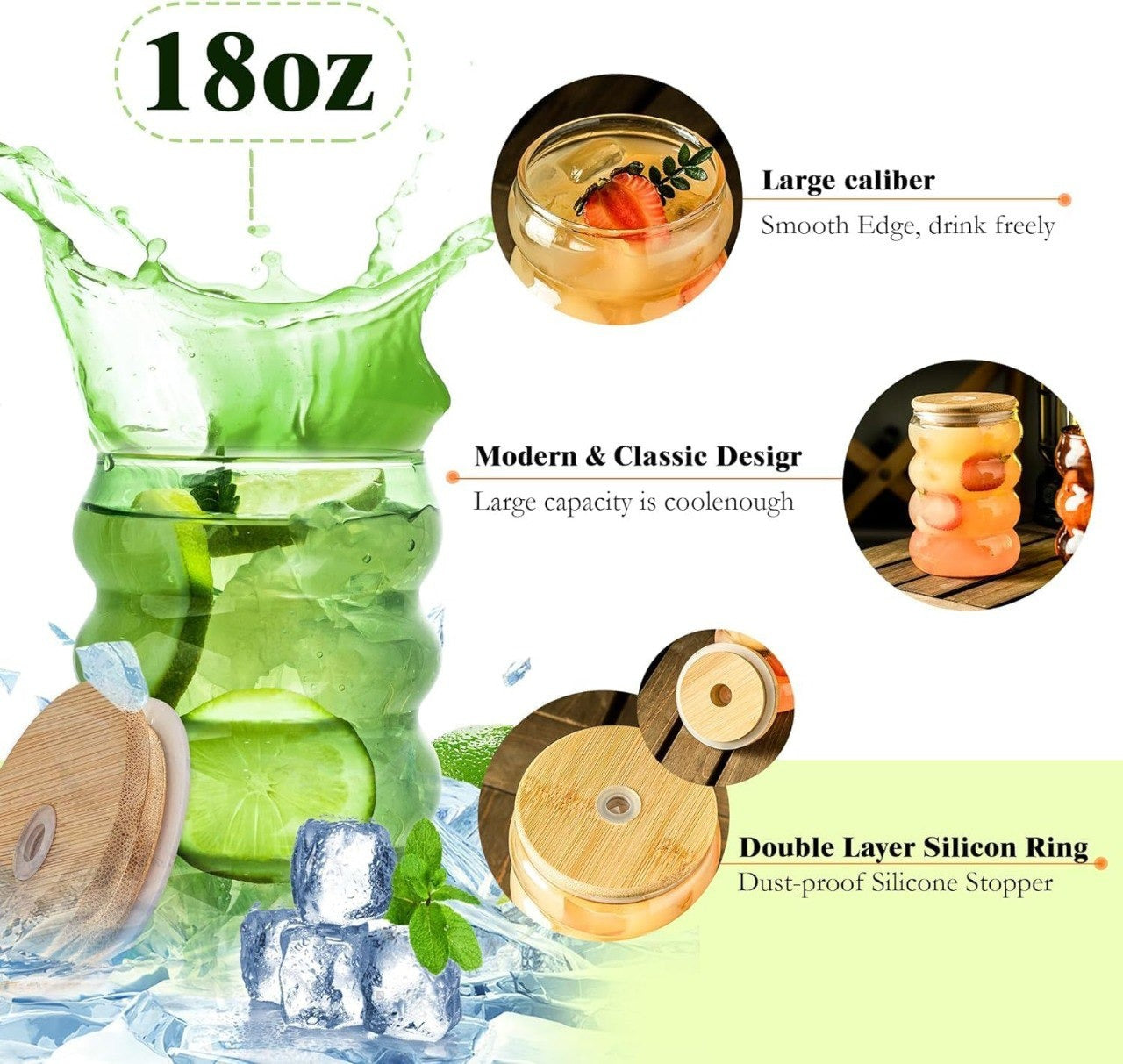 Wave Drinking Glasses Tumbler with Bamboo Lid & Glass Straw TR203