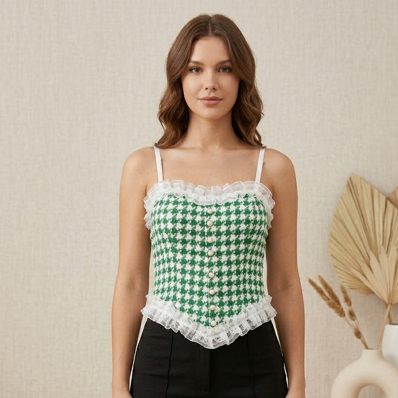 Green Houndstooth Corset-Style Crop Top with Lace Trim L5576