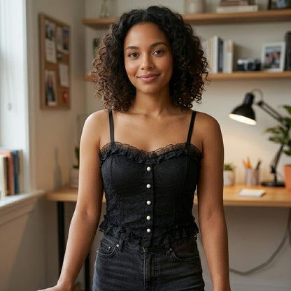 Chic Black Lace Corset-Style Crop Top with Pearl Buttons B4412