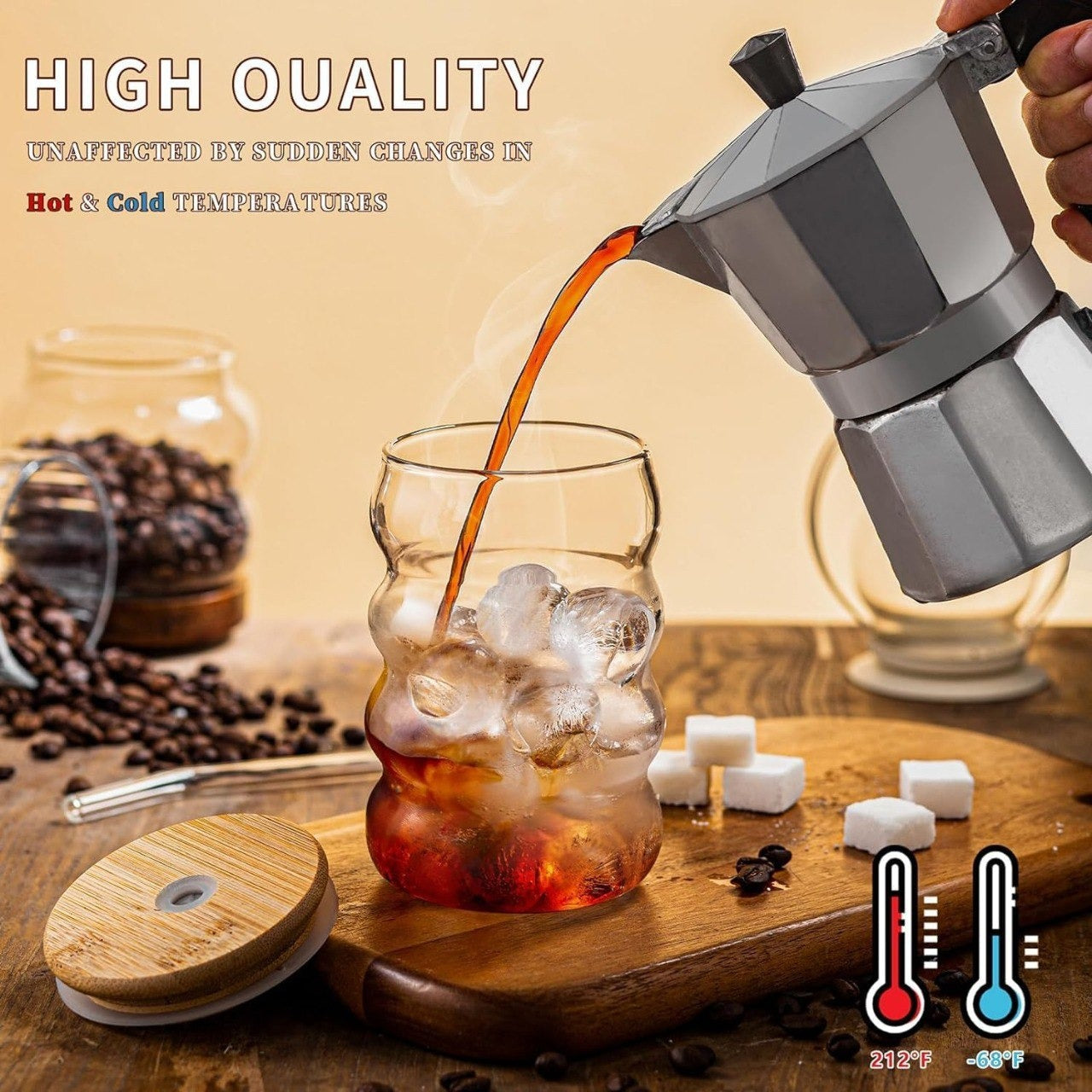 Wave Drinking Glasses Tumbler with Bamboo Lid & Glass Straw TR203