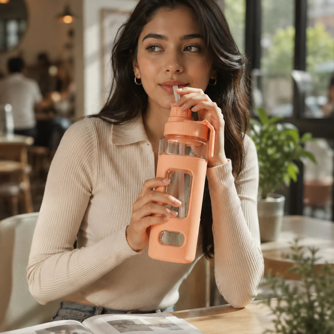 premium orange teddy print slipper water bottle with straw Z785