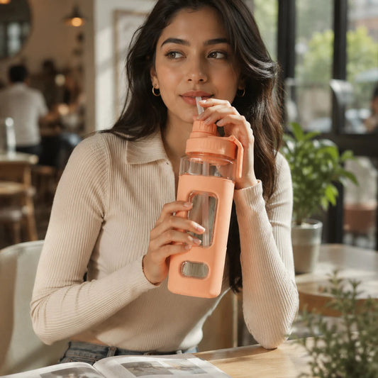 premium orange teddy print slipper water bottle with straw Z785