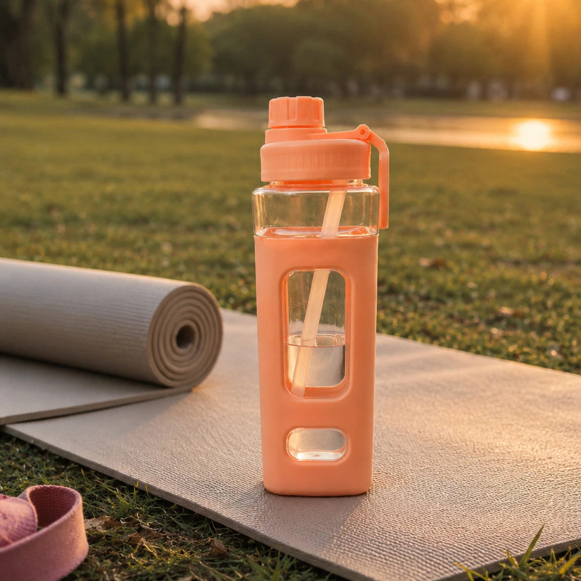 premium orange teddy print slipper water bottle with straw Z785