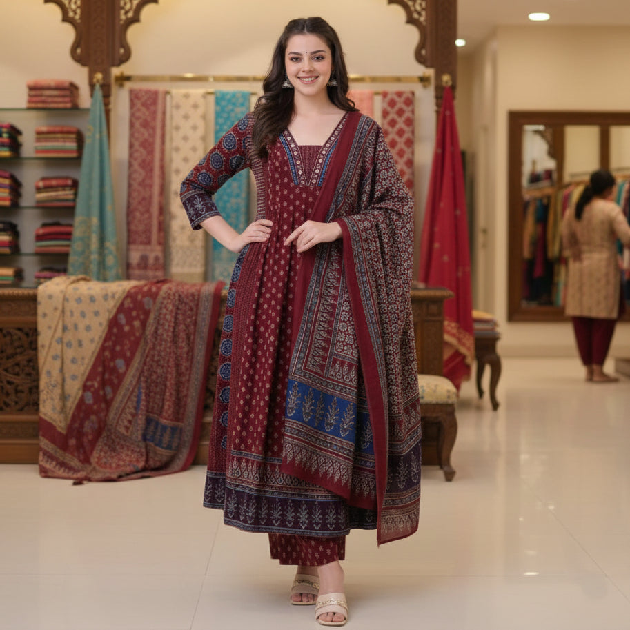 Women's Dinky Red Printed Viscose Anarkali Set with Dupatta F960