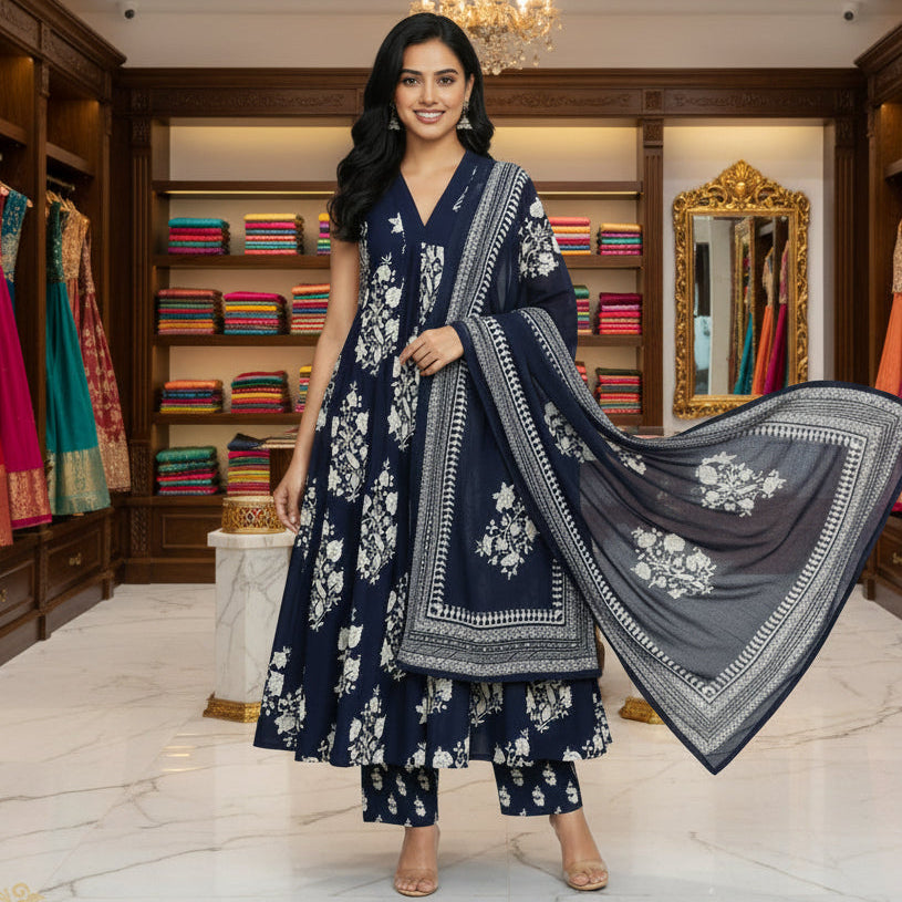 Women's Urvashi Navy Blue Floral Anarkali Set in Soft Viscose F950