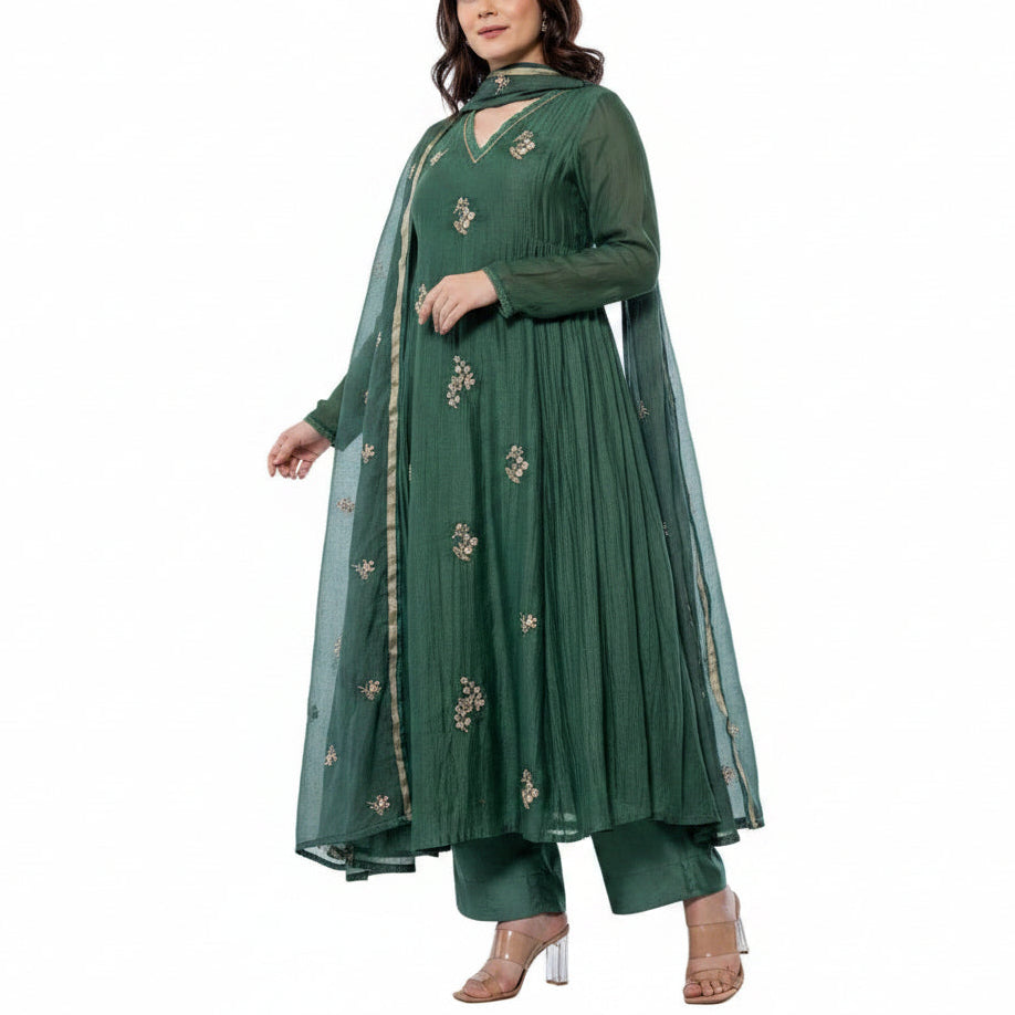 Women's Radiant Emerald Silk Set with Delicate Floral Butti & Dupatta F940