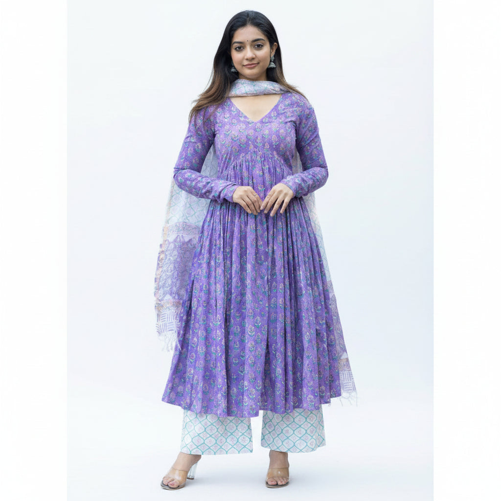 Women's Soft Lavender Floral Viscose Set with Lightweight Dupatta F930