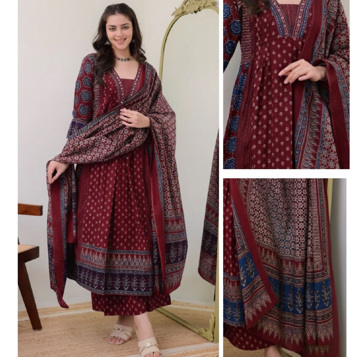 Women's Dinky Red Printed Viscose Anarkali Set with Dupatta F960