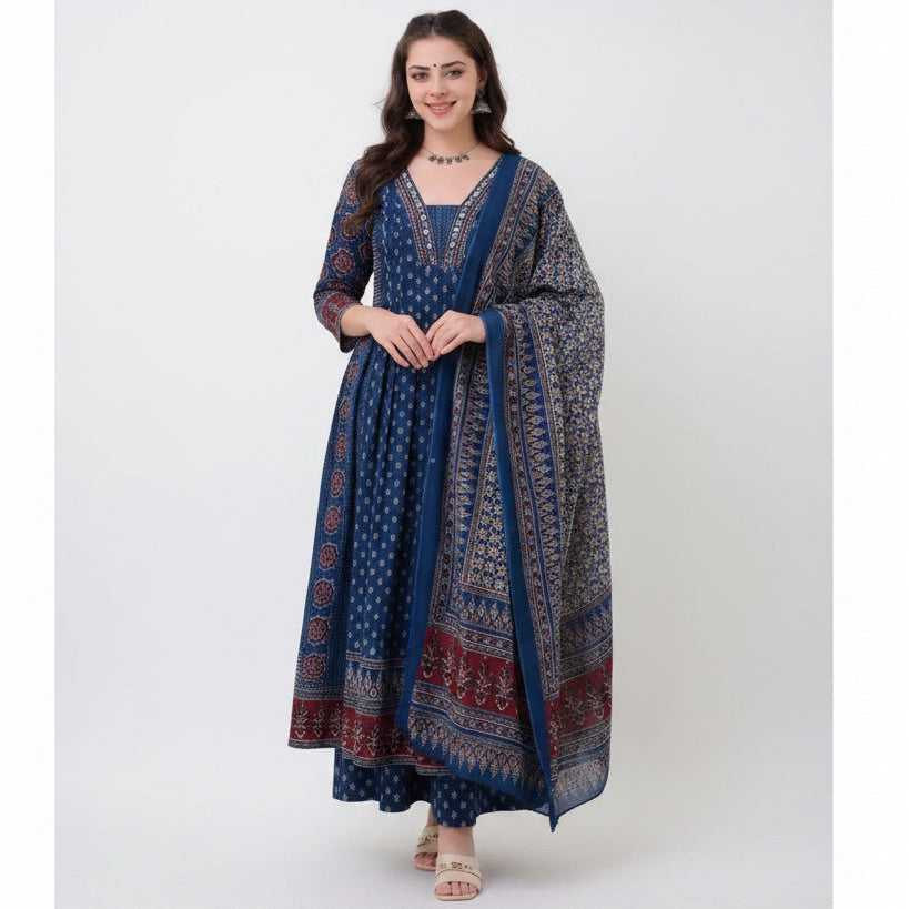 Women's Dinky Red Printed Viscose Anarkali Set with Dupatta F960