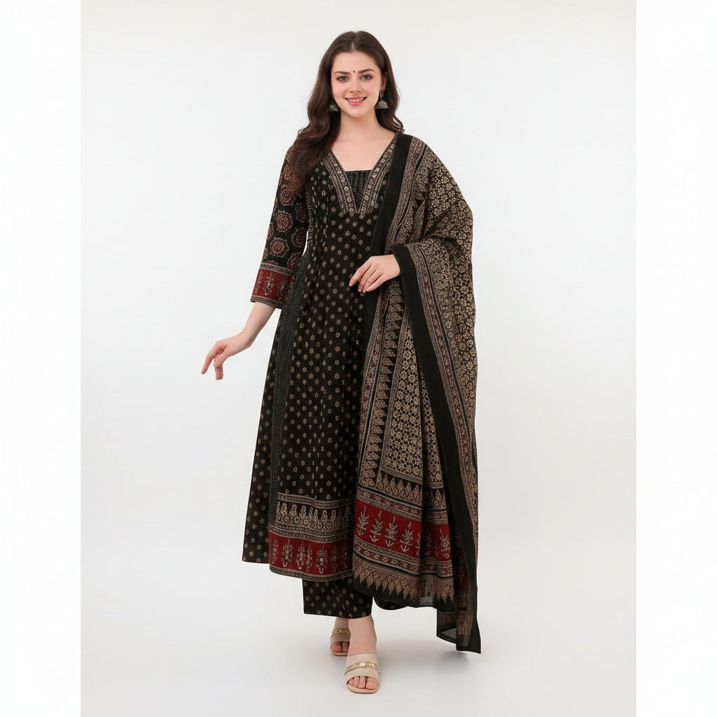 Women's Dinky Red Printed Viscose Anarkali Set with Dupatta F960