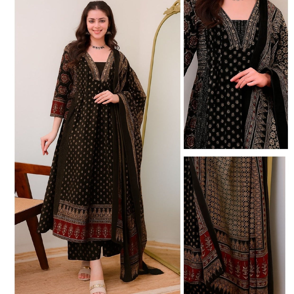 Women's Dinky Red Printed Viscose Anarkali Set with Dupatta F960