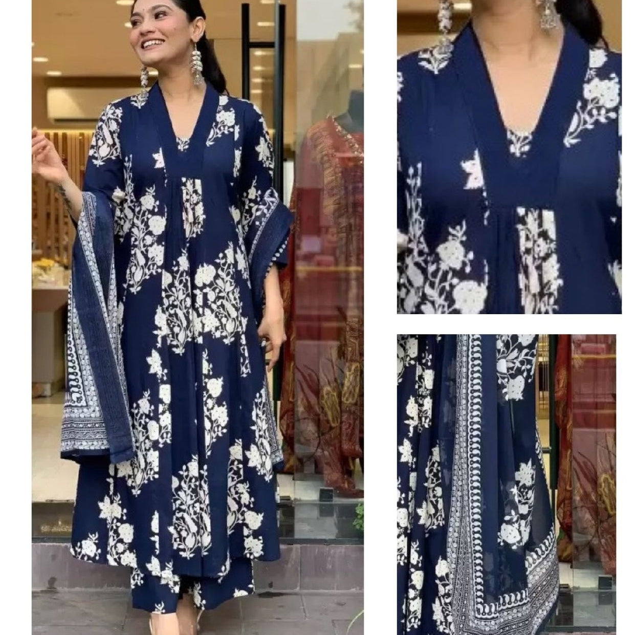 Women's Urvashi Navy Blue Floral Anarkali Set in Soft Viscose F950