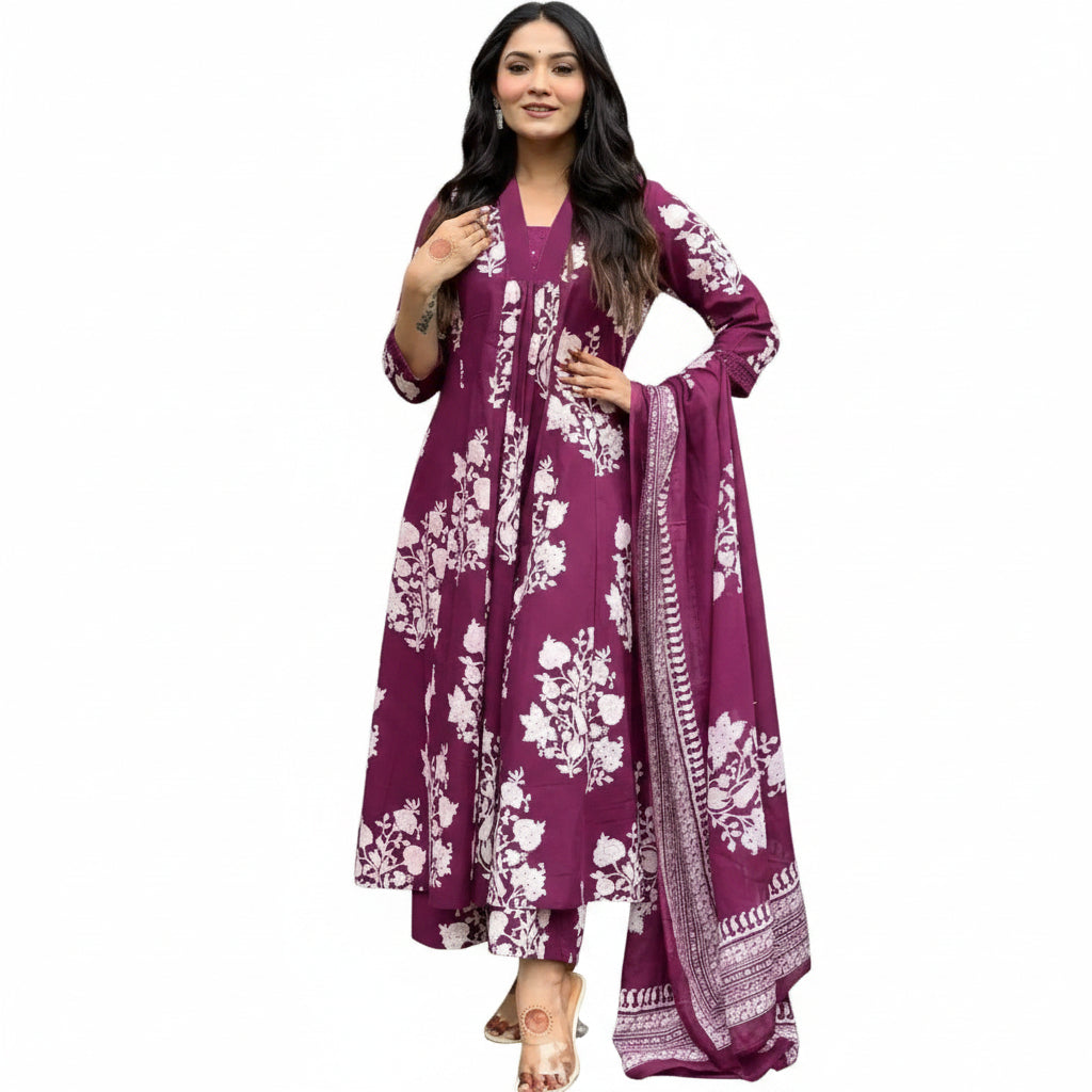 Women's Urvashi Navy Blue Floral Anarkali Set in Soft Viscose F950