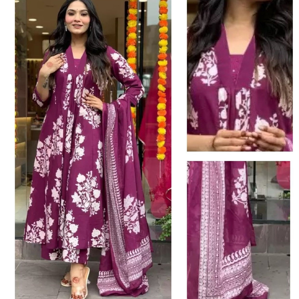 Women's Urvashi Navy Blue Floral Anarkali Set in Soft Viscose F950