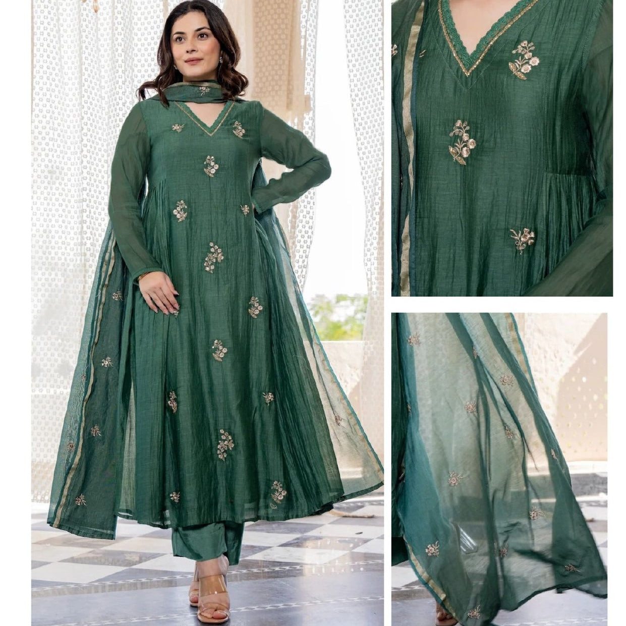 Women's Radiant Emerald Silk Set with Delicate Floral Butti & Dupatta F940