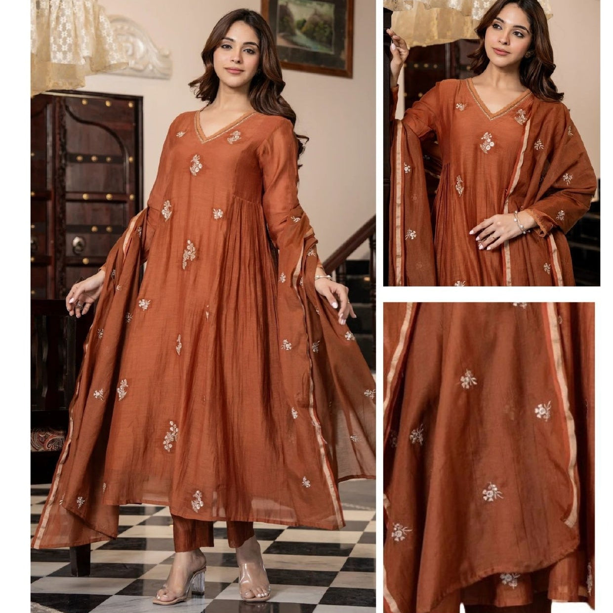 Women's Radiant Emerald Silk Set with Delicate Floral Butti & Dupatta F940