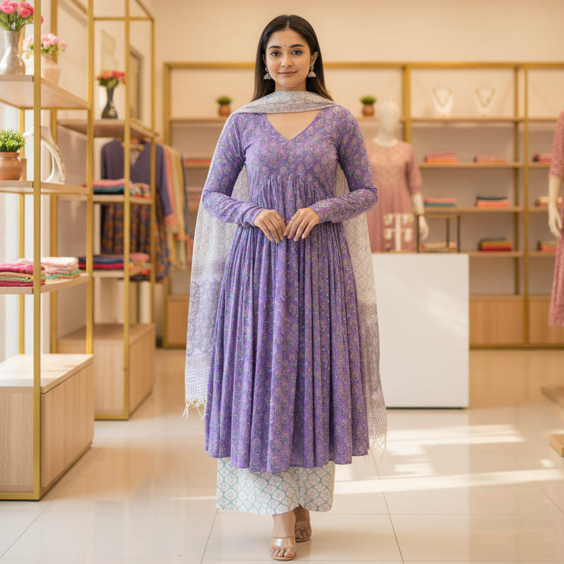 Women's Soft Lavender Floral Viscose Set with Lightweight Dupatta F930