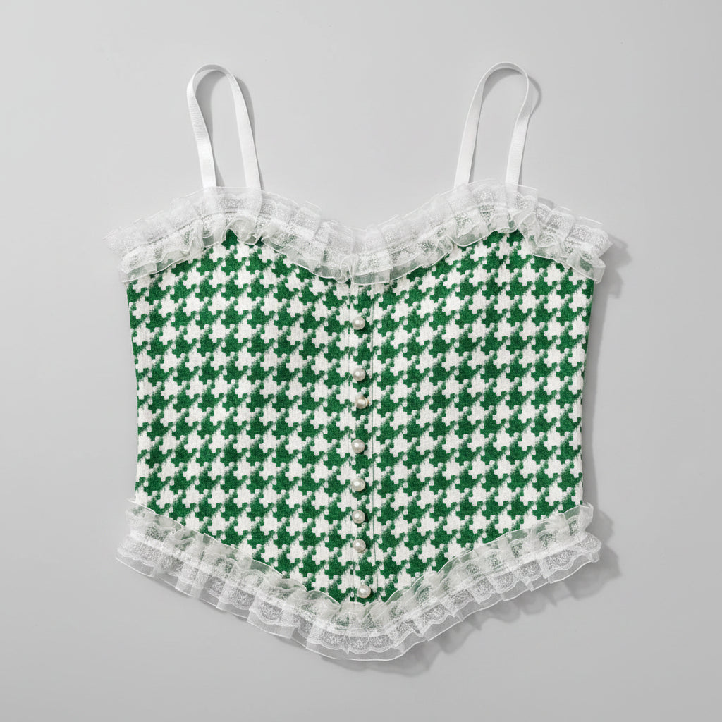 Green Houndstooth Corset-Style Crop Top with Lace Trim L5576