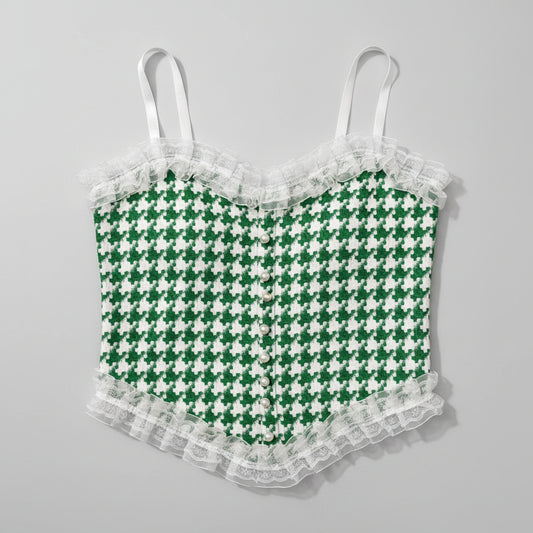 Green Houndstooth Corset-Style Crop Top with Lace Trim L5576