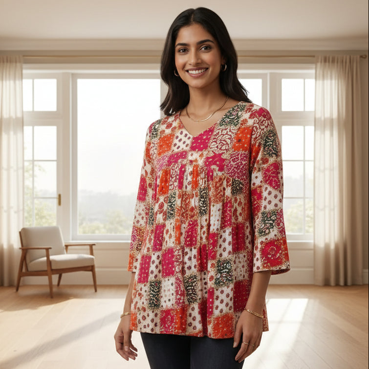 Women's Vibrant Multi-Color Patchwork Pleated Tunic Top HP69