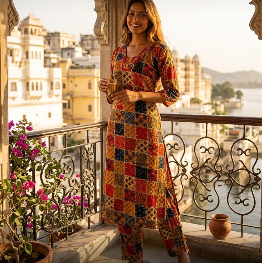 Women's Multi-Color Patchwork Printed Kurta & Pant Co-Ord Set HP61
