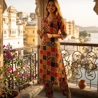Women's Multi-Color Patchwork Printed Kurta & Pant Co-Ord Set HP61
