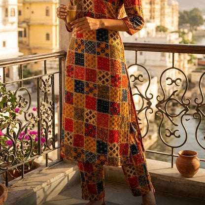Women's Multi-Color Patchwork Printed Kurta & Pant Co-Ord Set HP61